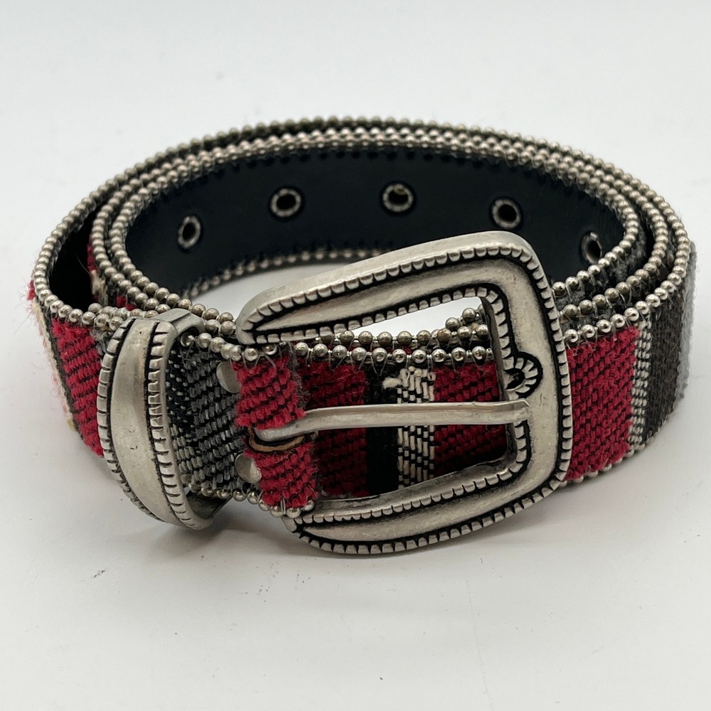 Elite Woven Fabric Belt Wms Sz L Aztec Western Red/Grey/Black Silver Buckle